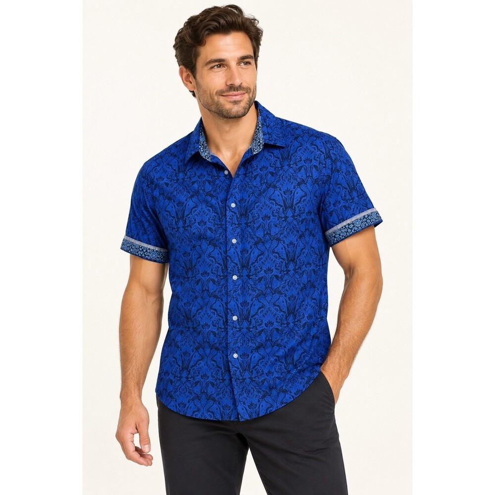 Robert Graham Mens S Classic Fit Blue Paisley Floral Short Sleeve Shirt